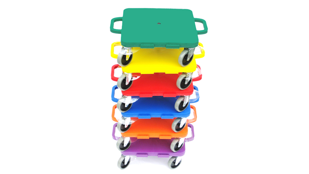 stack of six connect-a-scooters with grey all surface wheels, in rainbow colors.