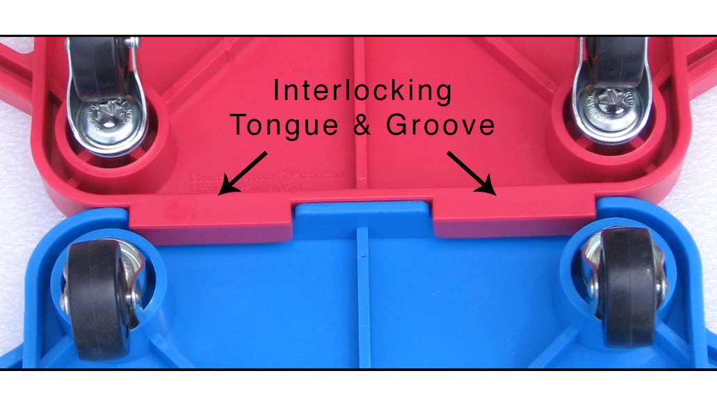 Close up of a red and blue gym scooter connected together using interlocking tongue and groove built-in connecting feature.
