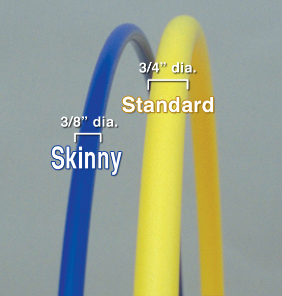 comparison of a blue skinny hoop with a three eighths diameter next to a yellow standard hula hoop at three quarter diameter
