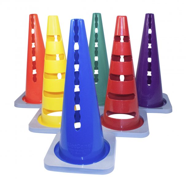 Set of six SlotCones in rainbow colors with grey weighted bases