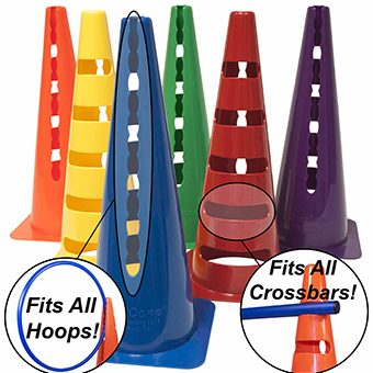 Set of six slotcones in rainbow colors with pull outs stating fits all hoops and fits all crossbars