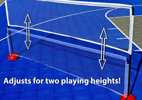 Badminton style net that can also serve as a tennis net using red multidomes as a base, on blue sport court. Text reads, adjusts for two playing heights!